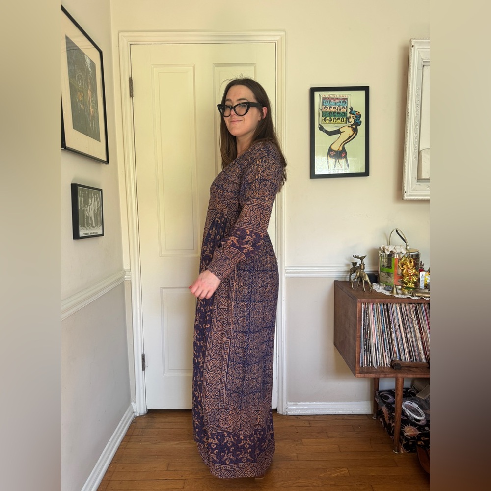 70s Vintage Indian Cotton Brown and Navy Animal Print Maxi Dress Sz L - Picture 2 of 7